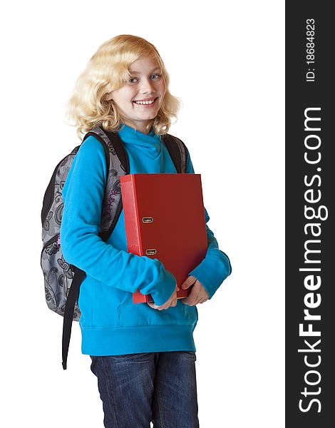 Schoolgirl With Rucksack And Folder Smiles Happy