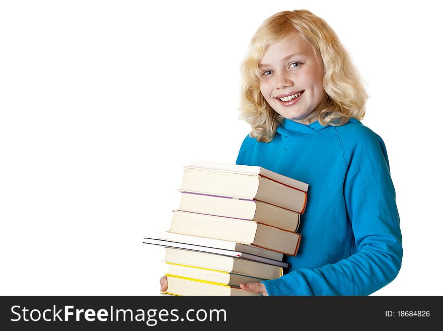 Schoolgirl holding school books and smiles happy. Isolated on white background.