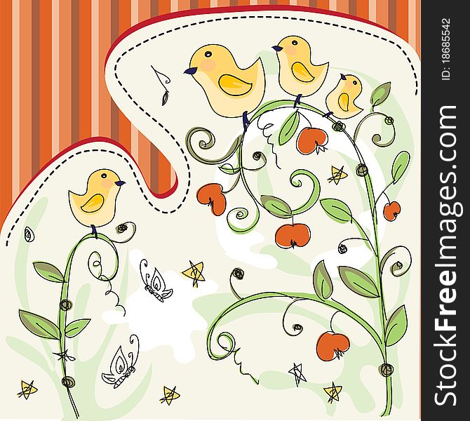 Cute illustrated background with plants and birds. Cute illustrated background with plants and birds