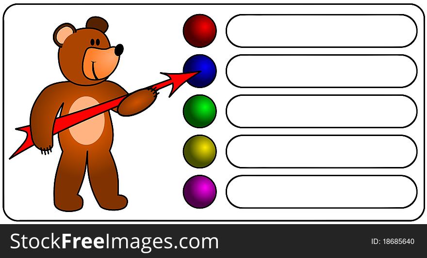 Cartoon happy brown bear shows with red arrow goal. Cartoon happy brown bear shows with red arrow goal