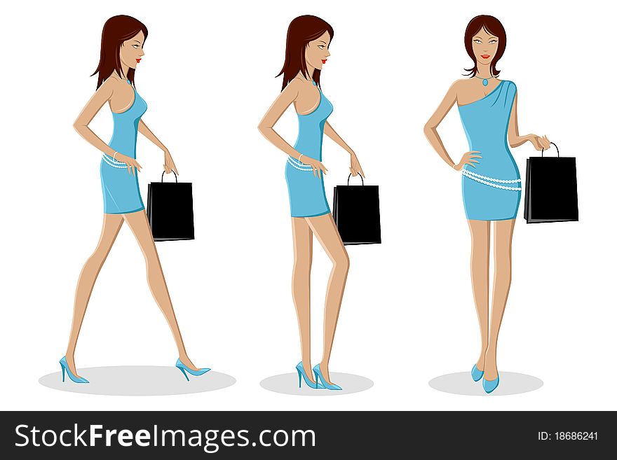 Illustration of set of different poses of urban lady on isolated background