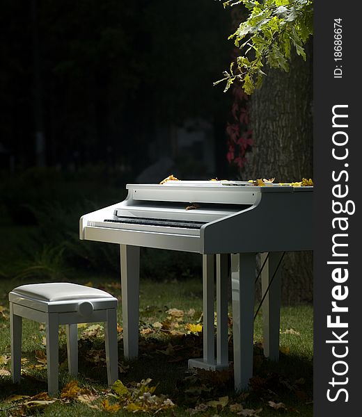 White grand piano stands in the grass near a tree