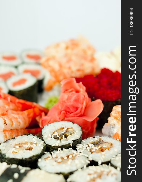 Plate with sushi and roll. Plate with sushi and roll