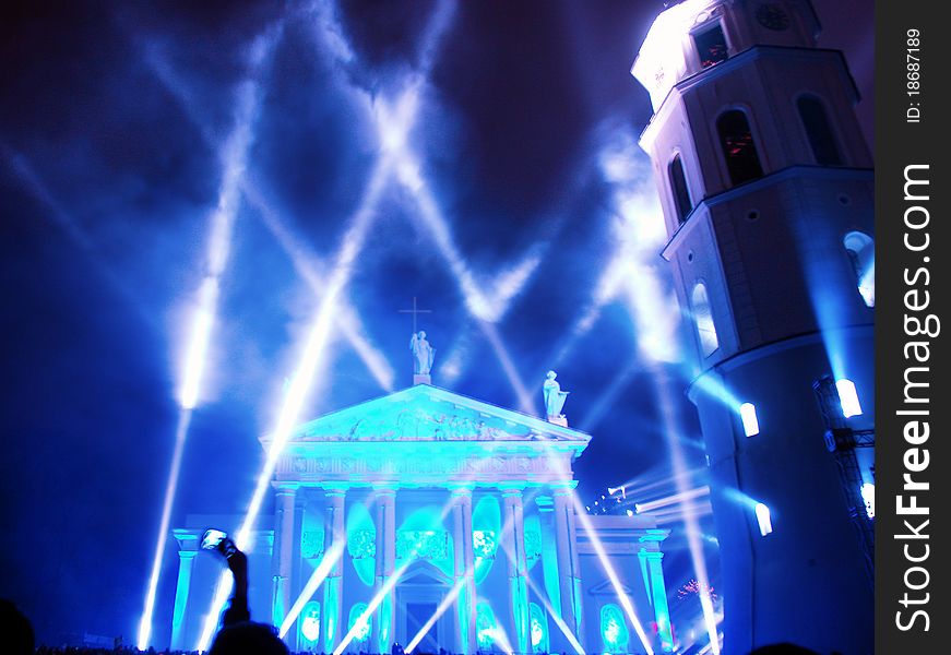 Floodlighting of the church in the christmas night. Floodlighting of the church in the christmas night