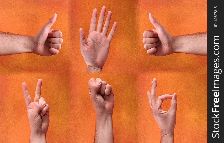 Collage of hands over orange background