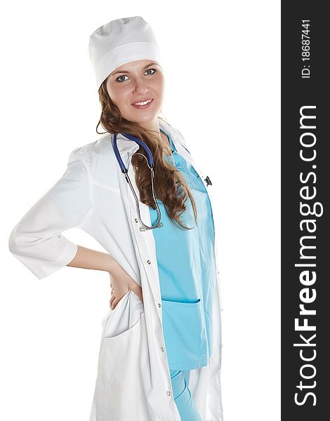 Portrait of a young doctor smiling in studio isolated on a white background. Portrait of a young doctor smiling in studio isolated on a white background