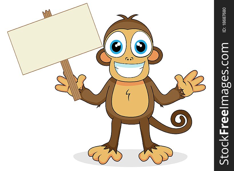 Vector illustration of a cute monkey with wood sign. No gradient