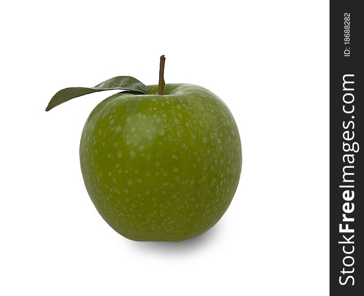 Fresh Green Apple with leaf and stalk against a white background