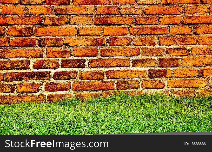 Old brick wall behind fresh grass under the sunlight. Old brick wall behind fresh grass under the sunlight.