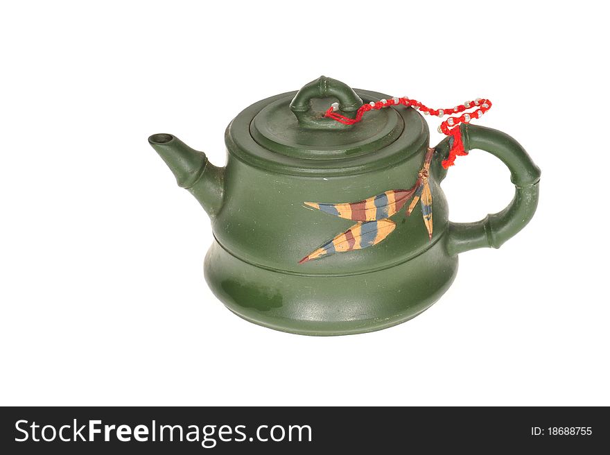 Green Chinese Teapot Isolated on White Background