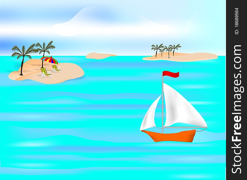 Tropical island with chairs, umbrella, palms and boat on the sea, vector format. Tropical island with chairs, umbrella, palms and boat on the sea, vector format