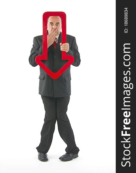 Unsuccessful terrified dealer in red arrow indicant down, on white background. Unsuccessful terrified dealer in red arrow indicant down, on white background.