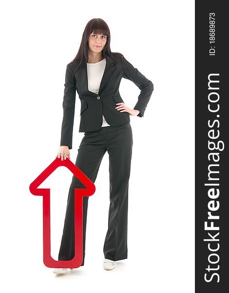 Businesswoman with red upward arrow, on white background. Businesswoman with red upward arrow, on white background.