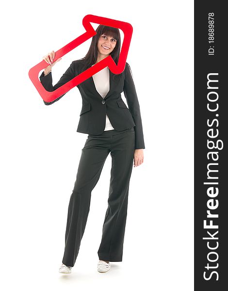 Businesswoman with arrow, on white background.