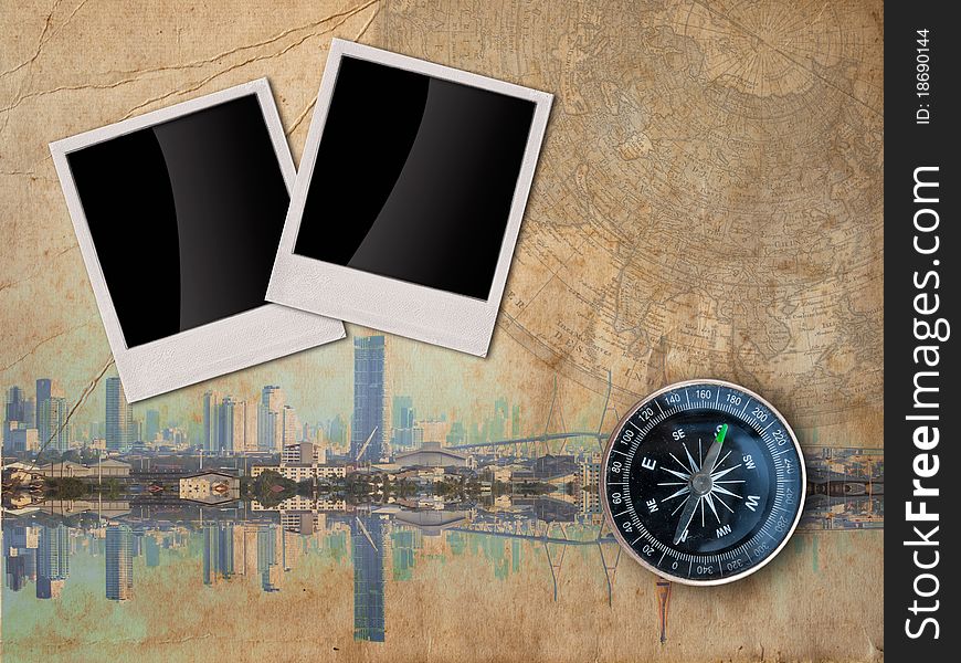 City Travel concept background with Double frame and the compass. City Travel concept background with Double frame and the compass