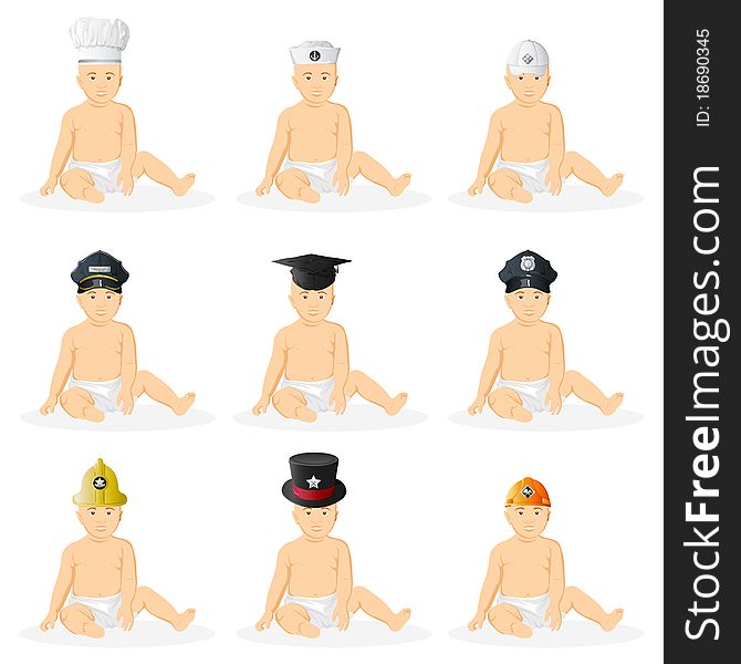 Illustration of baby boy sitting with different professional hat. Illustration of baby boy sitting with different professional hat