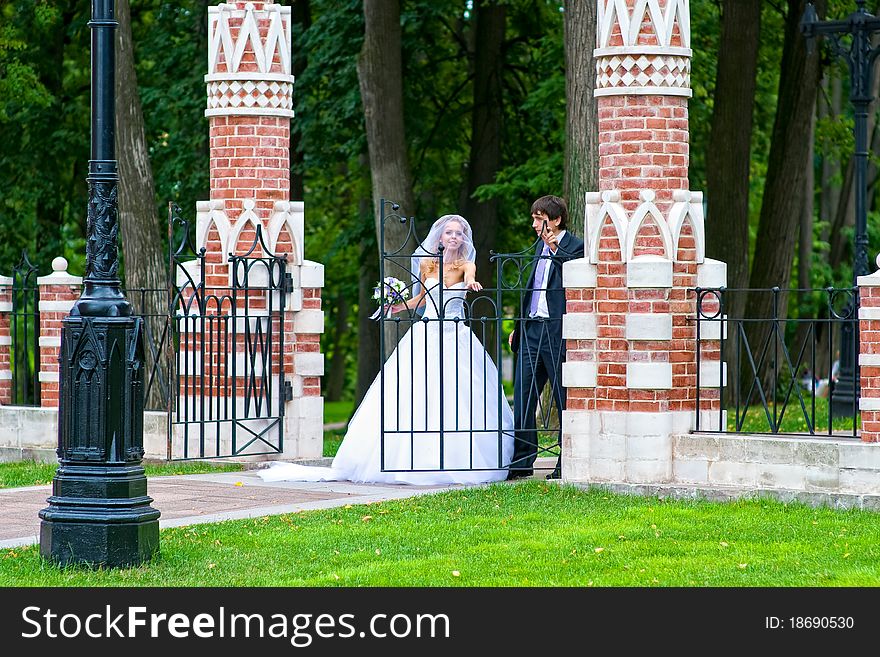 Elegant bride opens ancient gate in the park for the bride in a white dress and veil. Elegant bride opens ancient gate in the park for the bride in a white dress and veil
