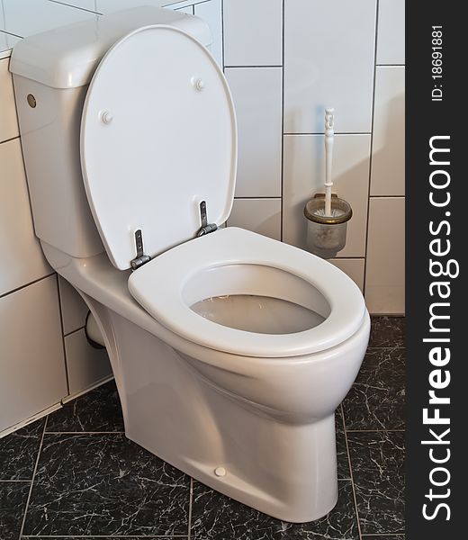 Luxurious toilet in a bathroom with white and black wall tiles. Luxurious toilet in a bathroom with white and black wall tiles
