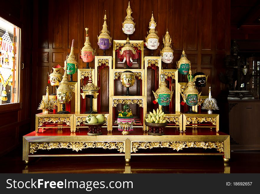 Khon Masks is situated on the set of altar table. Khon Masks is situated on the set of altar table