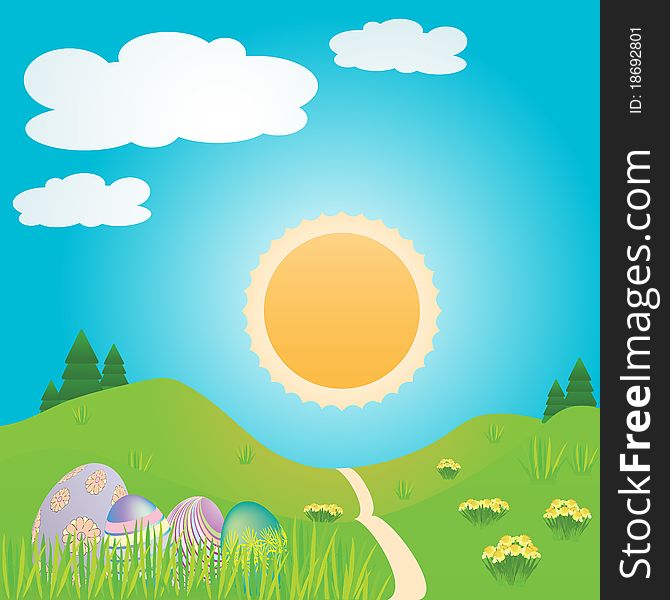 Easter landscape scene featuring patterned easter eggs, on rolling hills, with daffodils, trees, grass, shining sun and clouds set on deep blue sky. Easter landscape scene featuring patterned easter eggs, on rolling hills, with daffodils, trees, grass, shining sun and clouds set on deep blue sky