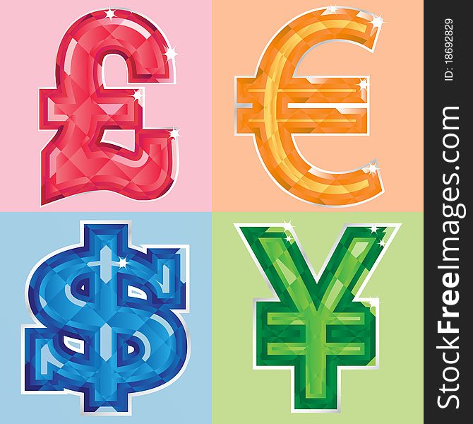 Set oif jeweled currency symbols - pound, euro, dollar, yen in red, organe, blue and green