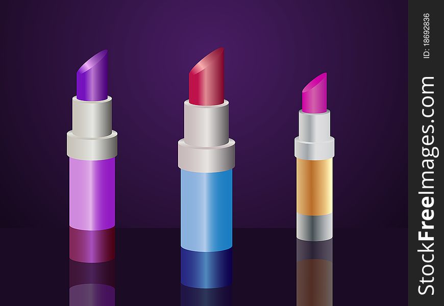 Set of 3 lipsticks - ruby red, purple and pink - on deep blue background