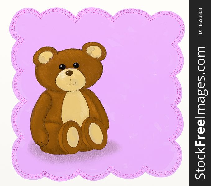 Childish style illustration of a teddy bear sitting on a pink background. Childish style illustration of a teddy bear sitting on a pink background