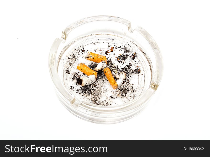 Ashtray with cigarette butts isolated on white background