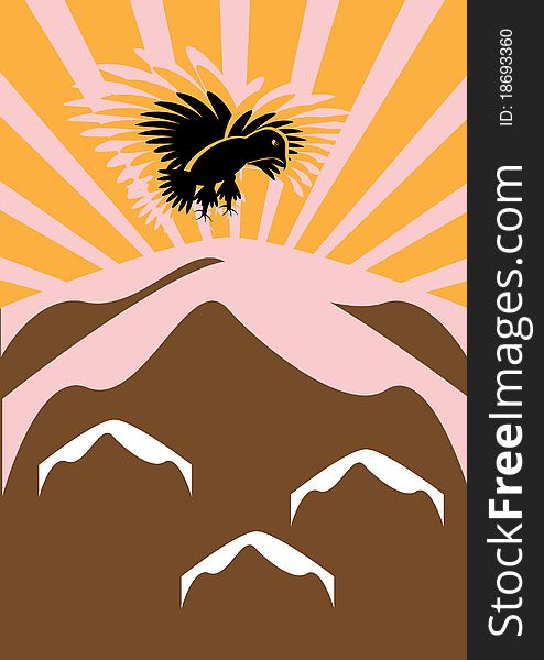 The eagle flies over mountains in sun beams. Illustration.