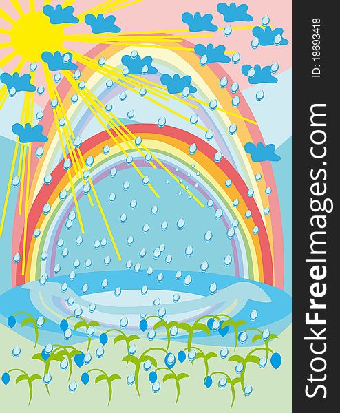 Rain, the sun, rainbow and flowers. Illustration