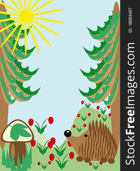 Hedgehog on a wood glade. illustration. clip