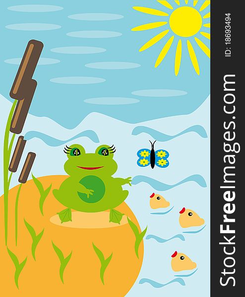 Frog under the sun on a pond. Illustration
