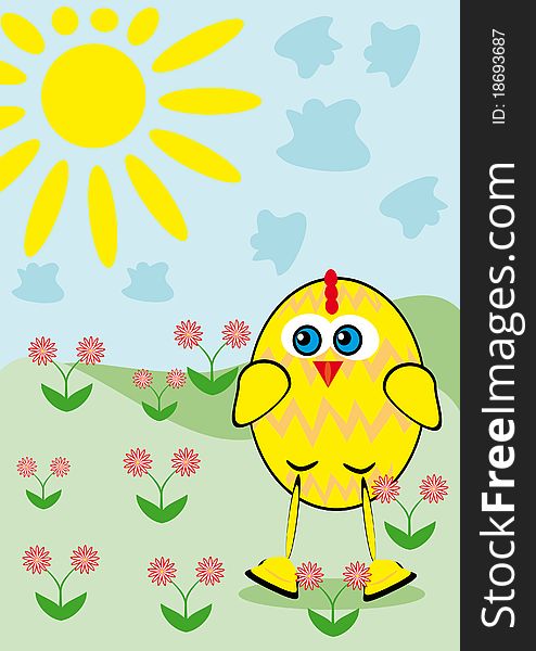 Small cartoon chicken on middle. Illustration.