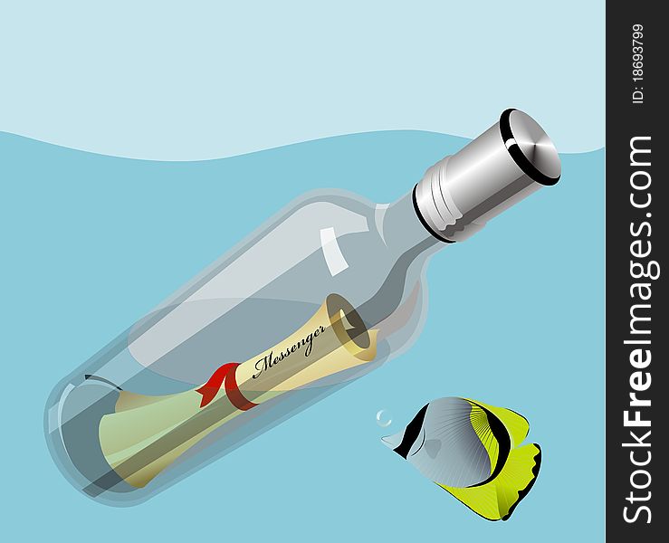 Illustration of a paper message in the transparent bottle in the sea with fish near the bottle. Illustration of a paper message in the transparent bottle in the sea with fish near the bottle