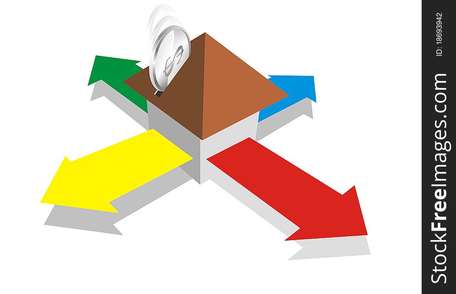 Graphic illustration of a coin into house moneybox with colorful crossing expand arrows bellow the house. Graphic illustration of a coin into house moneybox with colorful crossing expand arrows bellow the house