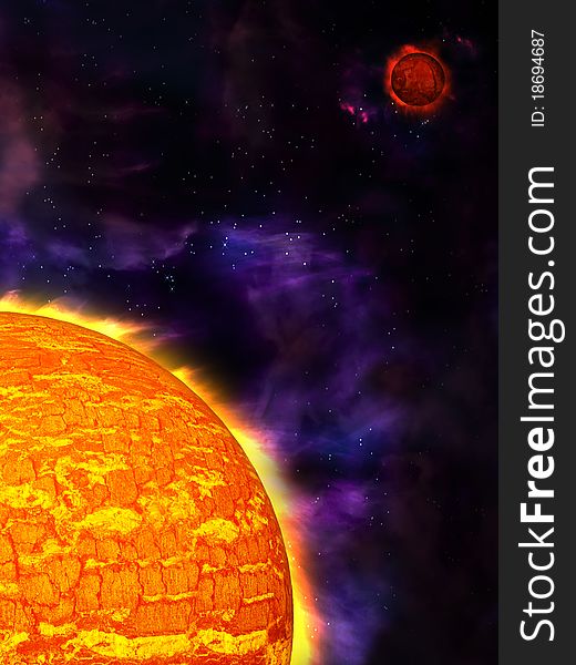 The fantastic closeup of a burning, exploding sun and planet