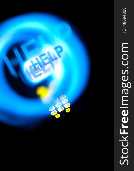 Dect phone with text HELP and blue and yellow light traces. Dect phone with text HELP and blue and yellow light traces