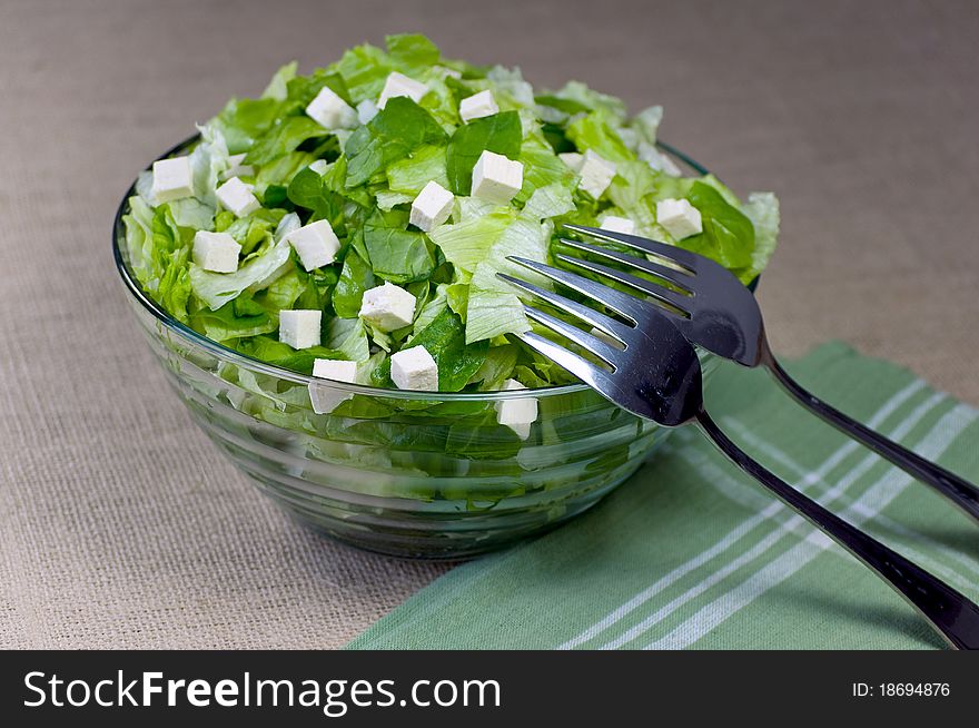 Romain Lettuce iand Tofu n a Glass Bowl. Romain Lettuce iand Tofu n a Glass Bowl