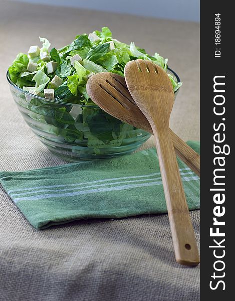 Romain Lettuce, Spinach and Tofu in a Glass Bowl. Romain Lettuce, Spinach and Tofu in a Glass Bowl