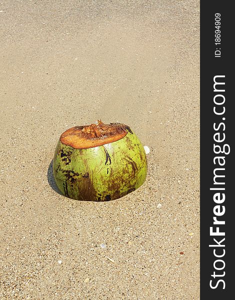 The coconut garbage left on the sand beach. The coconut garbage left on the sand beach.