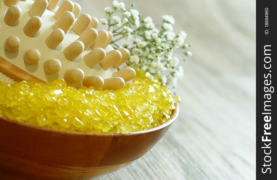 Yellow Bath Salt In Bowl And Flowers