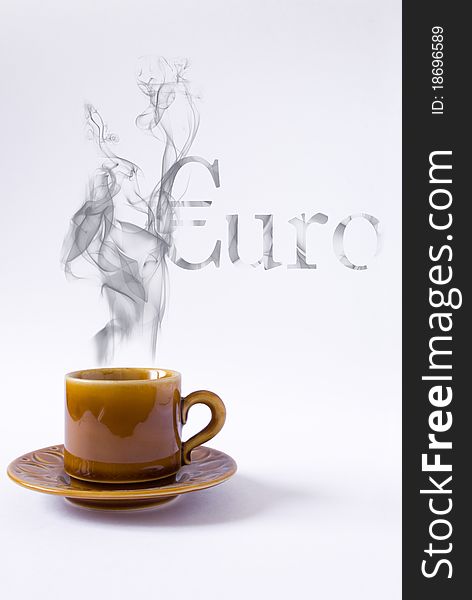 Cup with smoke euro shape on white background
