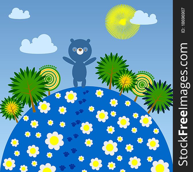 Summer day cartoon with flowers and a cute little blue bear. Summer day cartoon with flowers and a cute little blue bear