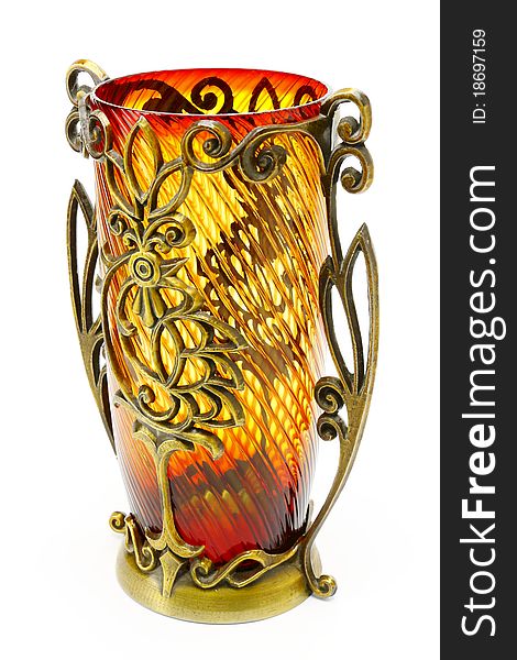 Flower vase from a color glass in a metal skeleton