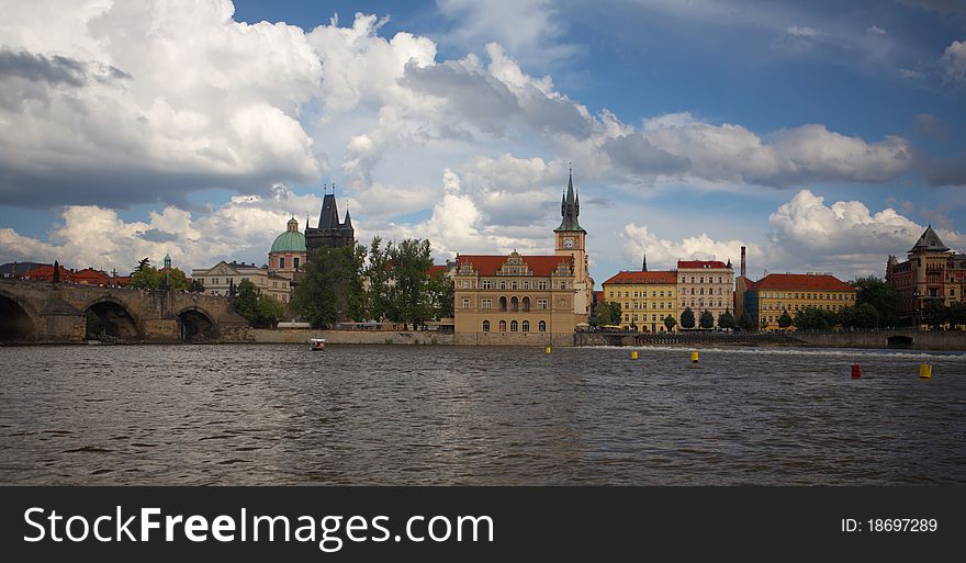 Prague Old Town view of Charles Bridge from the river