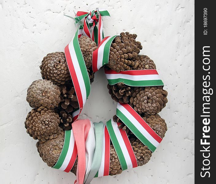 Cone wreath with hungarian national coloured band. Cone wreath with hungarian national coloured band.