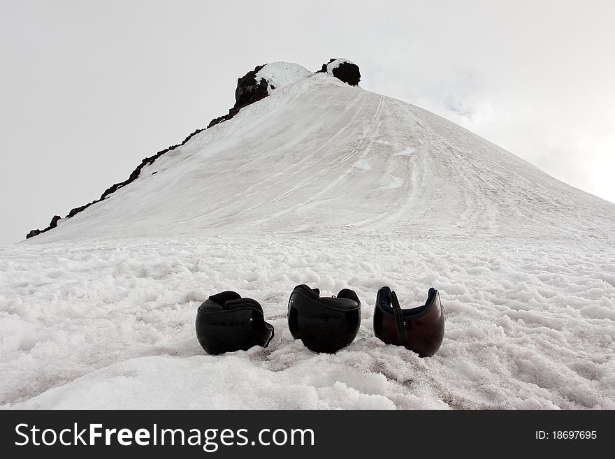 Three helmets atop a glacier in Iceland. Three helmets atop a glacier in Iceland