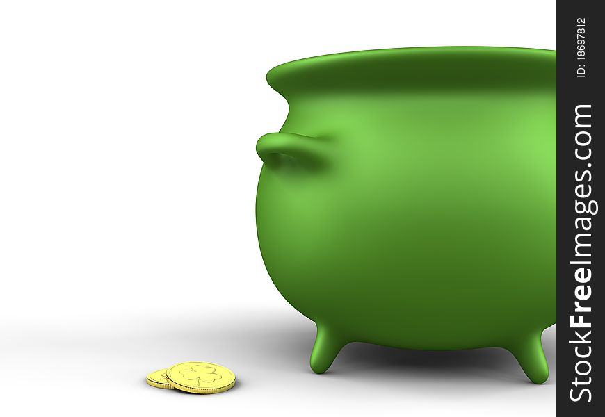 A render of a green pot and coins over white