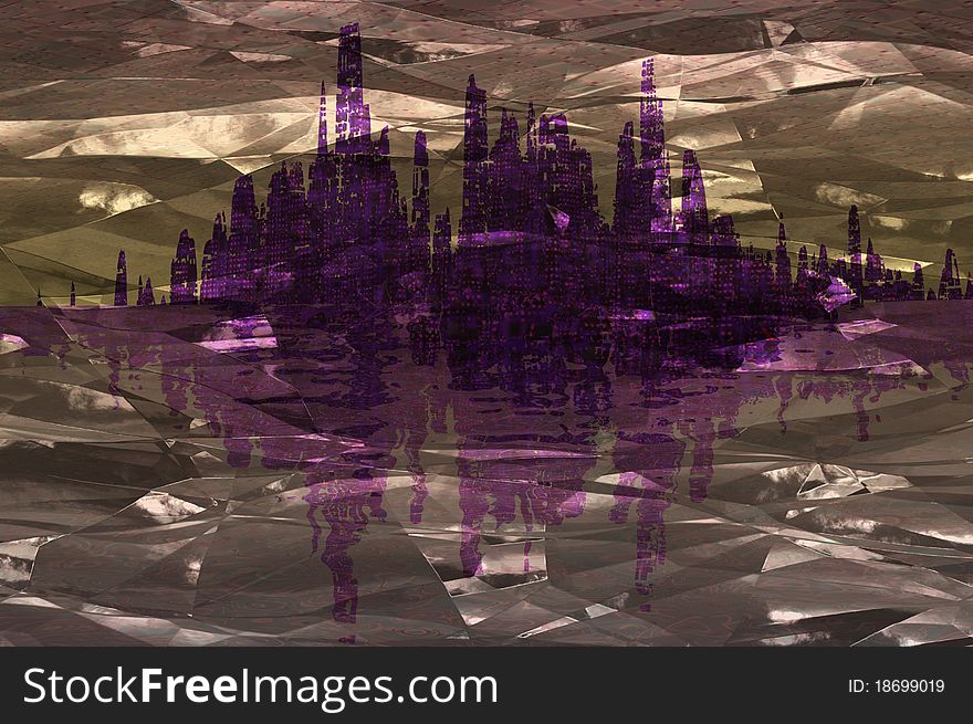 Abstract city reflected in foil wrapper render illustration. Abstract city reflected in foil wrapper render illustration