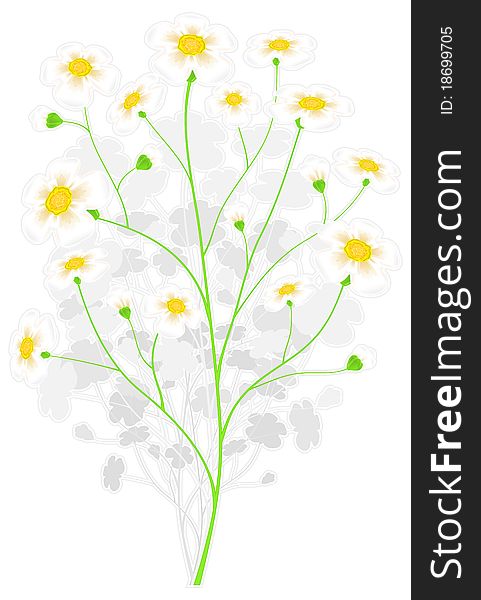 Green branch with yellow colour spring flowers, delicate illustration, isolated. Green branch with yellow colour spring flowers, delicate illustration, isolated
